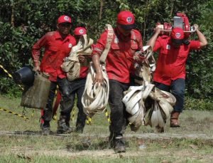 The APRIL fire suppression team returns from a mission.