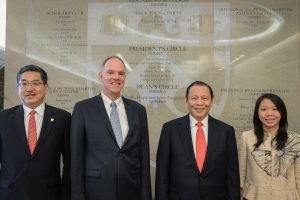 Tanoto Foundation founder Sukanto Tanoto (second from right) and Board of Trustees member Imelda Tanoto (right), with the Wharton management to mark the successful launch of the Penn Wharton China Center in Beijing in March 2015.